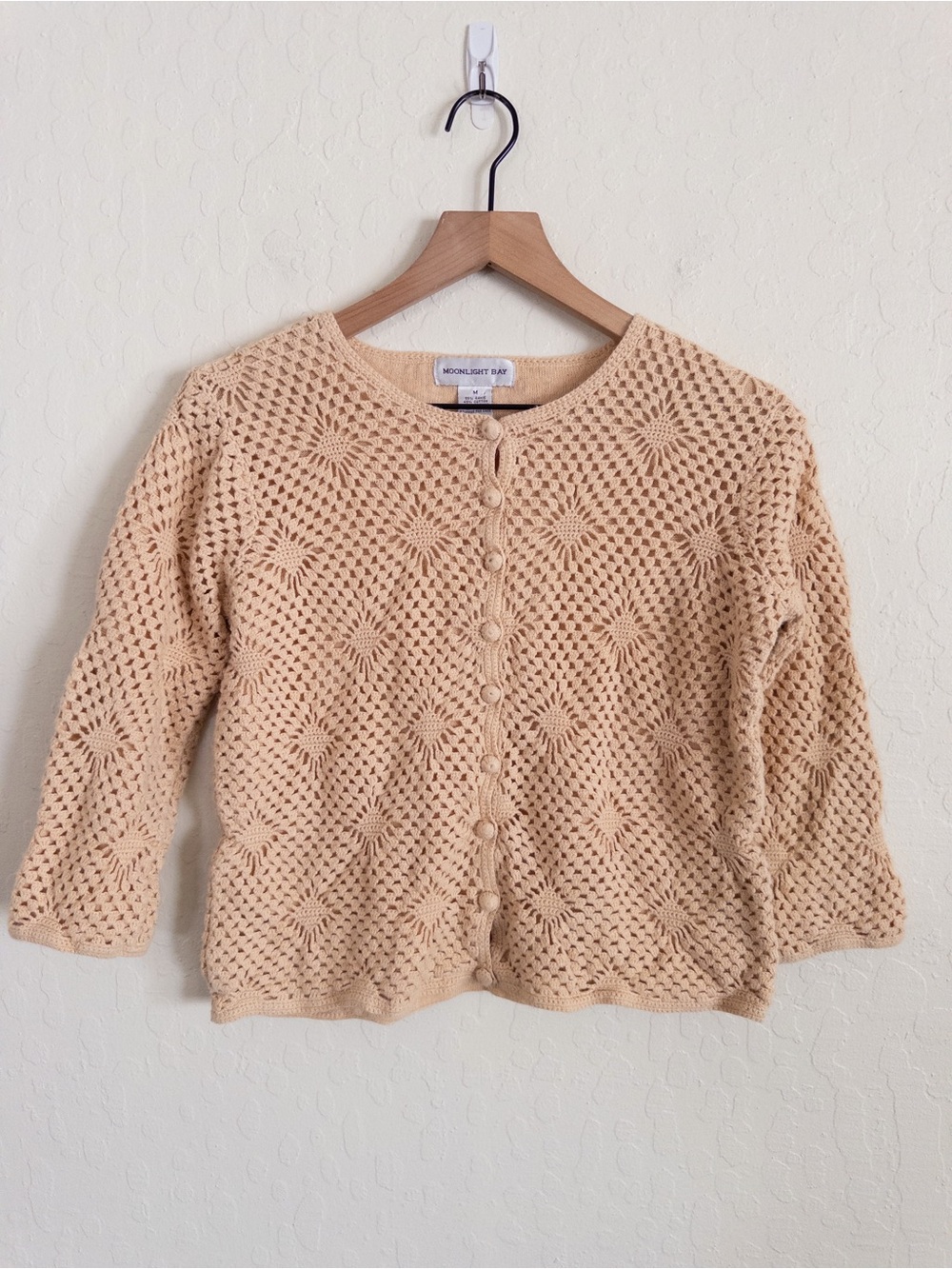 Vintage Moonlight Bay Cotton Ramie Crochet Crewneck Cardigan Sweater Medium Boho
